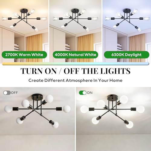 Black Sputnik Chandelier 6 Light, 22" Mid Century Modern Ceiling Light Fixture, Industrial Semi Flush Mount for Dining Room Bedroom Kitchen, E26 Base