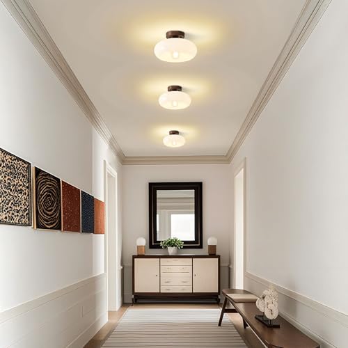 Mid Century Modern Faux Walnut Wood Semi Flush Ceiling Light 11.0 Inch