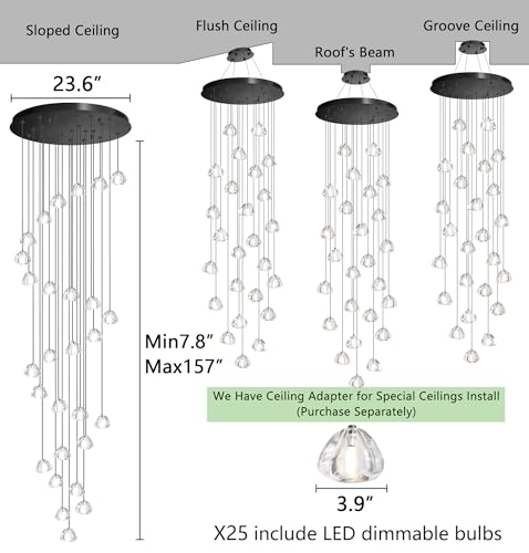 157 Inches Long Chandelier Bubble Crystal Balls Glam Chandeliers Dimmable Light High Ceiling Pendants Light Adjustable Large Size Lighting Fixtures Black