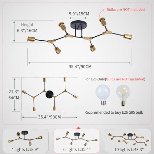 Mid Century Gold and black Sputnik Semi Flush Mount Ceiling Light Fixture