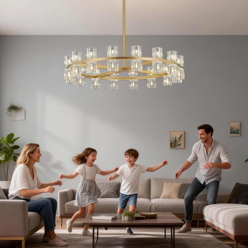 32 Lights Dia 33" Gold Crystal Chandeliers for Dining Room Light Fixture