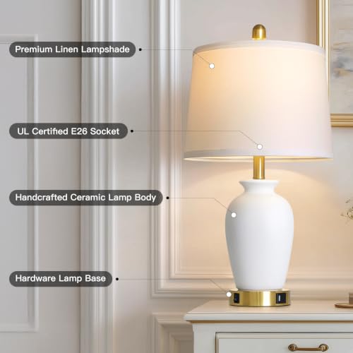 Set of 2 White Ceramic Modern Table Lamps with Ginger Jar Design