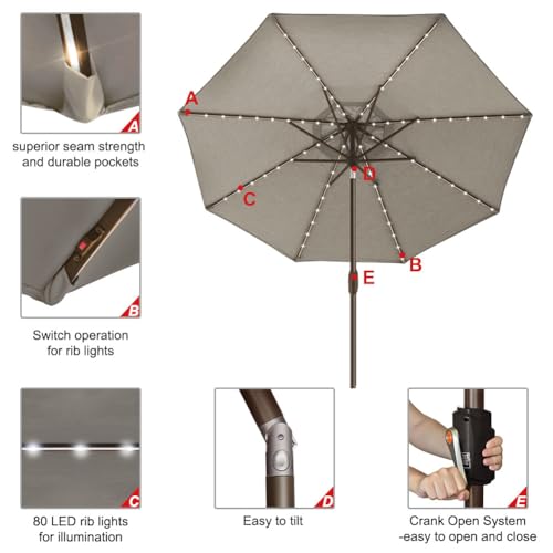 USA 10-Year-Non-Fading 9ft Market Patio Umbrella, Commercial Grade Table Sun Umbrella with 80 Solar LED Lights, Crank Open, Windproof & UPF 50+ UV Protection for Garden, Deck, Pool, Backyard, Taupe