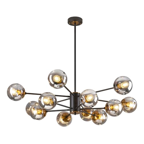 12 Globe Glass Bubble Black and Gold Modern 2 Tiered Sputnik Chandelier