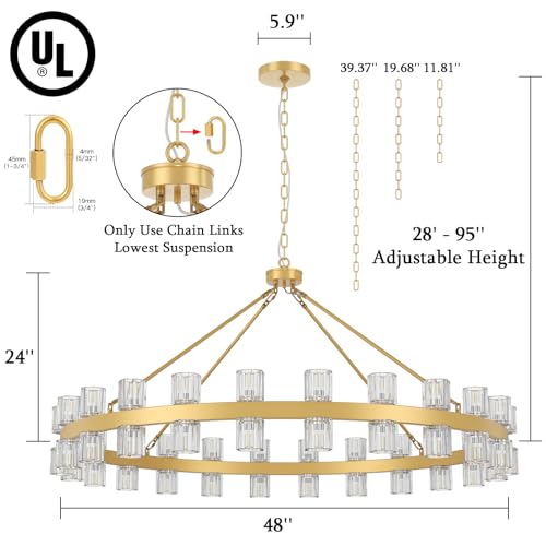 48 Inch Gold Wagon Wheel Chandelier with Crystal Shade