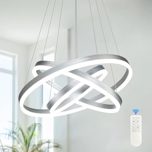 Modern Sliver Led Chandelier 3 Rings Pendant Lights Dimmable Chandeliers Color Temperature Height Adjustable Sliver Chandelier Led Pendant Light for Dining Room Bedroom Entryway Living Room