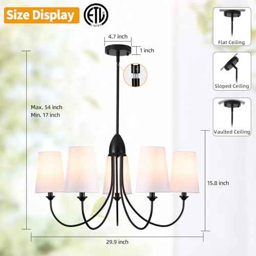 Black Chandelier,5-Light Vintage Farmhouse Chandeliers for Dining Room with White Fabric Shade,30" Modern Industral Chandelier Light Fixture for Bedroom Foyer Porch Living Room Kitchen entryway