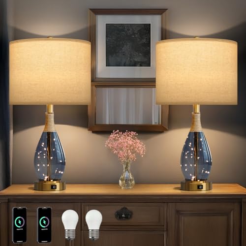 23" Table Lamps for Living Room Set of 2 Bedside Lamps for Night Stands Bedroom Lamps Farmhouse Rattan Boho Lamp Glass Nightlight End Table Lamp with USB C+A (2 Count)