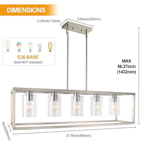 5 Light Chandeliers for Dining Room, Island Room Light Fixture | Sliver Modern Industrial Kitchen Lighting Fixtures Ceiling Easy Installation Pendant Lights for Bar Restaurant-E26 Socket
