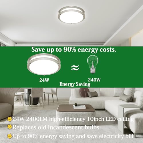 10inch LED Flush Mount Ceiling Light Fixture Dimmable Brushed Nickel (2 Count)