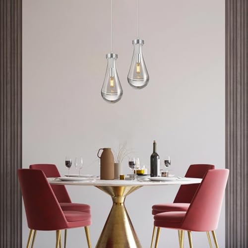 Raindrop Pendant Lights Kitchen Island Set of 2 Teardrop Chrome Hanging Light Fixtures Clear Solid Glass Pendant Light Modern Chandeliers for Dining Room Porch Corridor Living Room (2 Count)