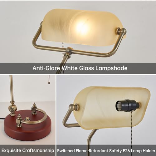 Bankers Lamp Traditional White Glass Desk Lamp Solid Wood Pull Chain Switch
