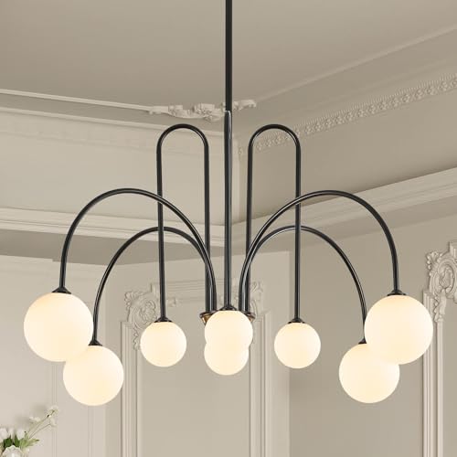 Black Sputnik Chandelier with Milk Glass Globe 8 Lights L41 Inch
