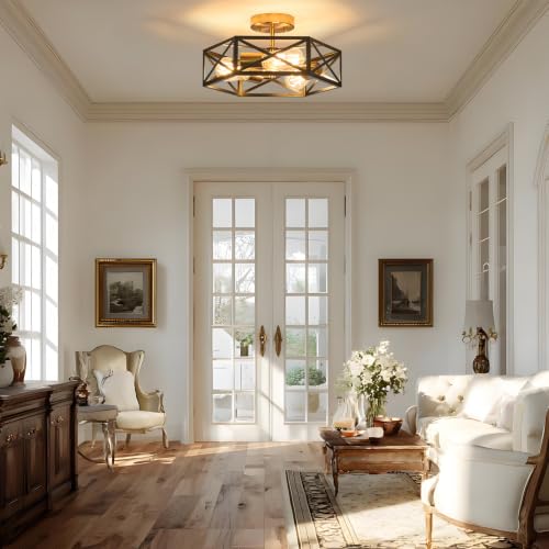 Farmhouse Black and Gold Semi Flush Mount Ceiling Light 14.6 Inch (Black and Gold / 14.6 Inch)