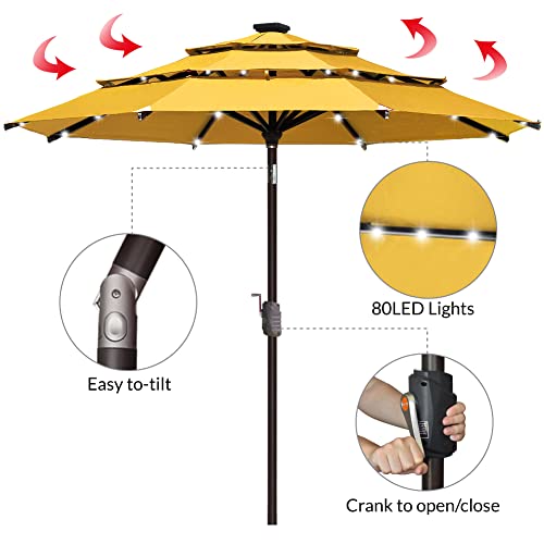 USA 10-Year-Non-Fading 9ft 3-Tier Market Patio Umbrella, Commercial Table Umbrella with 80 Solar LED Lights, Crank Open, Windproof & UPF 50+ UV Protection for Garden, Deck, Pool, Backyard, Sunflower Yellow