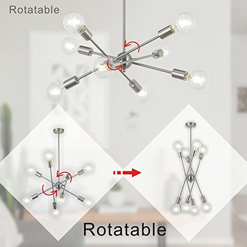 8 Lights Modern Sputnik Chandelier Lighting with Adjustable Arms Mid Century Pendant Light Vintage Industrial Ceiling Light Fixture Brushed Nickel