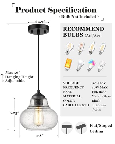8 Inch Globe Pendant Light Bubble Glass Industrial Kitchen Island Hanging Pendant Light Fxiture Modern Hand Blown Seeded Glass for Farmhouse Dining Room Bar Bedroom Living Room Black