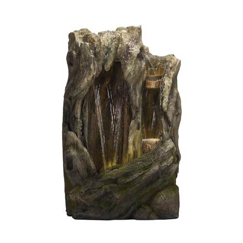62" Rustic Outdoor Tree Trunk Waterfall Fountain with LED Lights