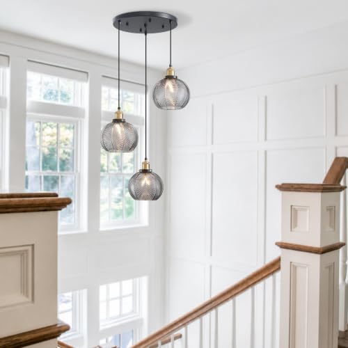 3 Light Modern Smoky Gray Striped Glass Cluster Pendant Light