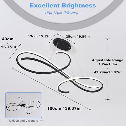 Black Modern Led Chandelier Dimmable Pendant Light Fixture