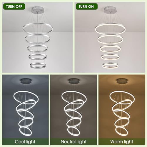 5 Rings Modern LED Chandelier Silver High Ceiling Chandelier with Remote Control Dimmable Pendant Lighting for Dining Room Foyer Living Room Entryway Staircase