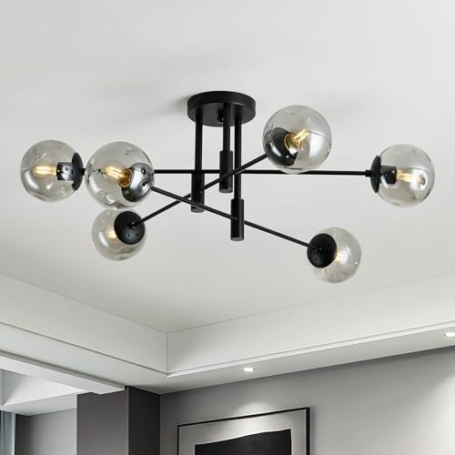 6 Light Glass Globe Sputnik Light Fixture Modern Matte Black Chandelier Semi Flush Mount Ceiling lamp for Living Room Kitchen Dining Room Farmhouse Bedroom
