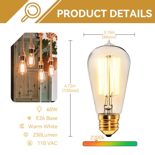 4 Pack Edison Light Bulb 60 Watt Dimmable ST58 Vintage Warm Bulb (4 Count)