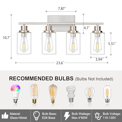 4 Light Bathroom Light Fixtures Brushed Nickel Vanity Light Over Mirror Modern Farmhouse Wall Lighting Sconces Wall Lamp for Bathroom
