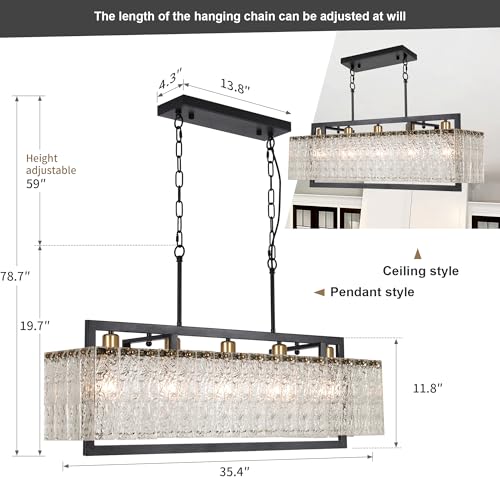 36" Black Crystal Ripple Glass Rectangle Pendant Chandelier 5