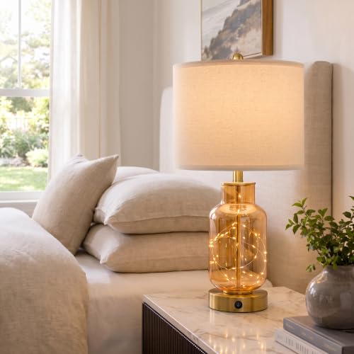 22" Glass Table Lamps Set of 2 with Night Light for Bedroom