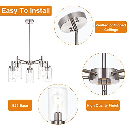 Contemporary 5 Light Large Chandeliers Modern Clear Glass Shades Pendant Lighting Brushed Polished Nickel Dining Room Lighting Fixtures Hanging Adjustable Wire Semi Flush Ceiling Lights