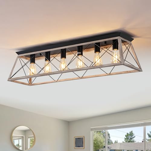 38" Large Rectangular Flush Mount Ceiling Light with Oak White Finish