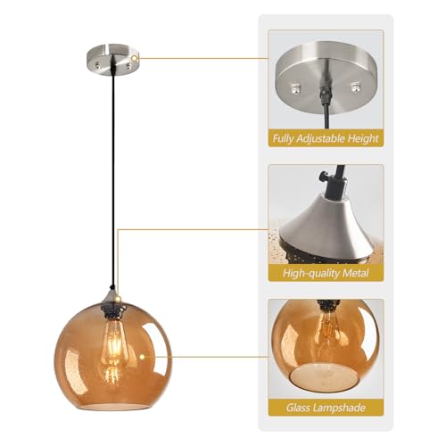 Amber Glass Pendant Lights Kitchen Island Globe Pendant Light Fixtures Modern Pendant Lighting for Bedroom Living Dining Room Light Fixture