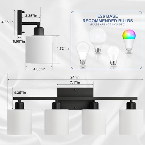 24 Inches Black Vanity Lights for Bathroom E26 Base White Lampshape
