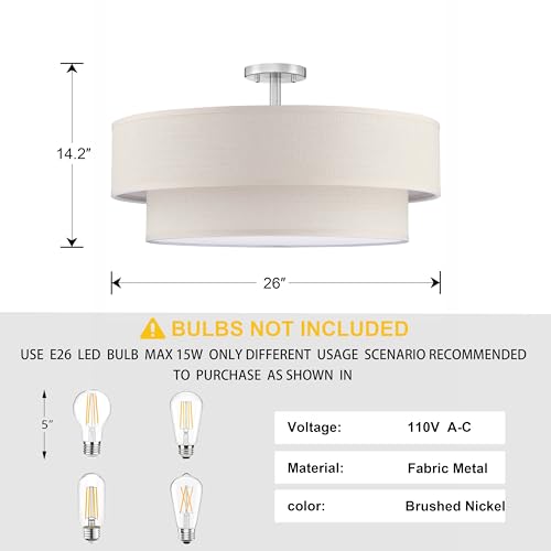 6 Light 26" Cream Fabric Brushed Nickel Semi Flush Mount Close to Ceiling Light Fixture (3 Count)