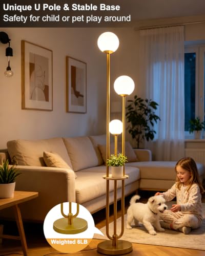63IN Dimmable Gold Floor Lamp with Shelf Mid Century Standing Lamps with 3000K Bulbs Included Modern Globe Floor Lamp for Living Room (3 Count)