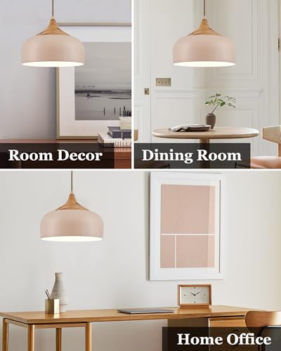 12 Inch Modern Japandi Pendant Light for Kitchen Island Farmhouse Hanging Lamp with Faux Pine Wood Grain Metal Shade