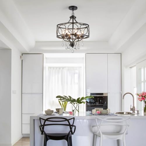 Modern Black Chandelier 17.7" Metal Crystal Pendant Lighting Fixture Hanging 6