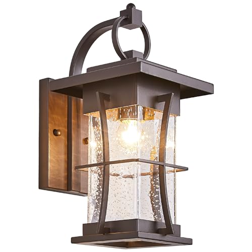 Oil Rubbed Bronze Outdoor Light Sconces Wall Mount Matte Brown Outdoor Wall Lamp Large Exterior Porch Wall Lantern with Seeded Glass 15" Outside Lights for House