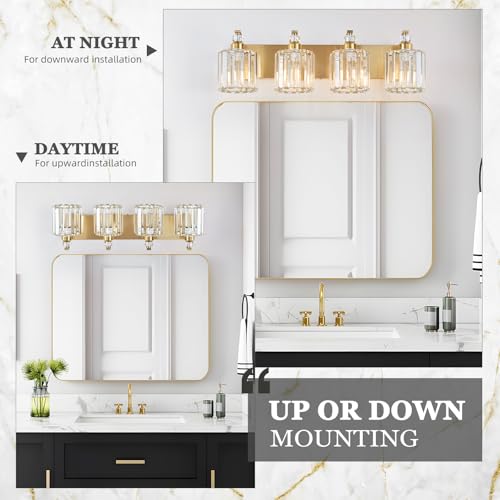 4 Lights Brushed Brass Bathroom Light Fixture Gold Vanity Lights Modern Crystal Bathroom Vanity Lighting Over Mirror Wall Sconce with K9 Crystal Shade E26 Base for Living Room