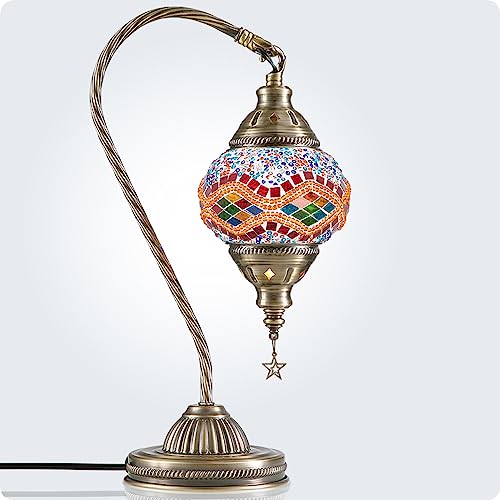 Turkish Moroccan Lamp with Bronze Base 3 Color Options Handmade Swan Neck Mosaic Glass Bedside Lamps for Bedroom