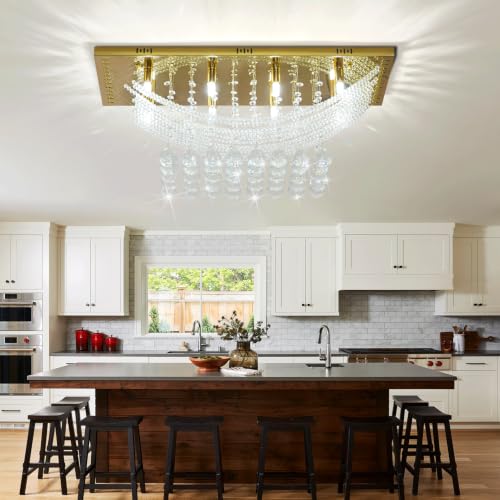 Modern Chandelier Crystal Chandelier Flush Mount Chandelier Gold Rectangle Crystal Raindrop Chandelier 8 Lights Ceiling Light Fixture Pendant Lamp for Kitchen Island Dining Room Closet Wedding Decor