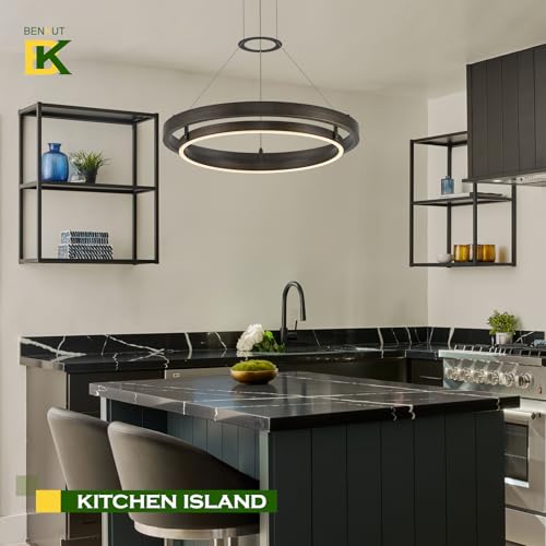 Modern LED Chandelier Vintage Black Brown Dimmable Circular LED Pendant Light with Remote Ring Chandelier Dining Room Light Fixtures for Kitchen Island Living Room Entryway