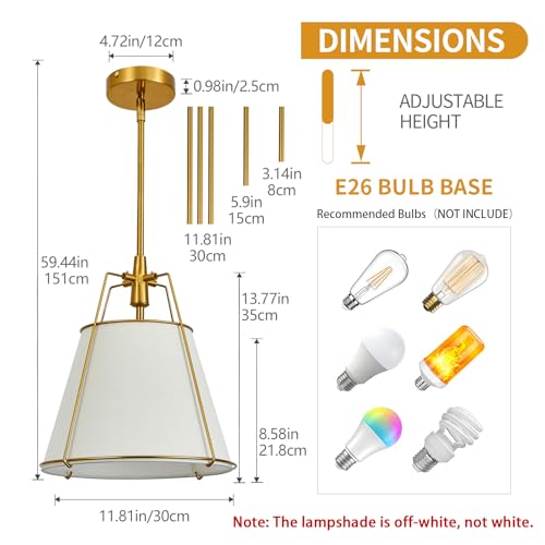 Modern Pendant Light Fixtures with 12" White Linen Fabric Shade