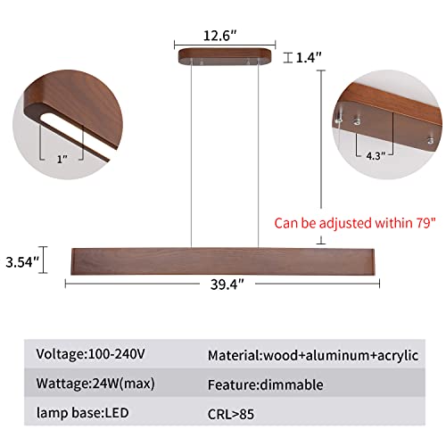 39.4" Wood Linear Pendant Light 24w Led Dimmable Dining Room Light Wood Kitchen Island Pendant Hanging Light for Kitchen Island Office Lights Walnut Color