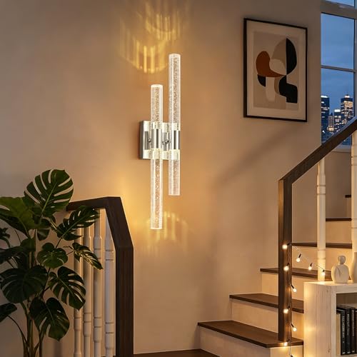 Modern LED Vanity Light Bubble Crystal Sconces Wall Lighting Chrome Wall Sconce Hardwired 21.25in 4000K Vertical and Horizontal Wall Mounted Sconces for Bedroom Living Room Hallway（1