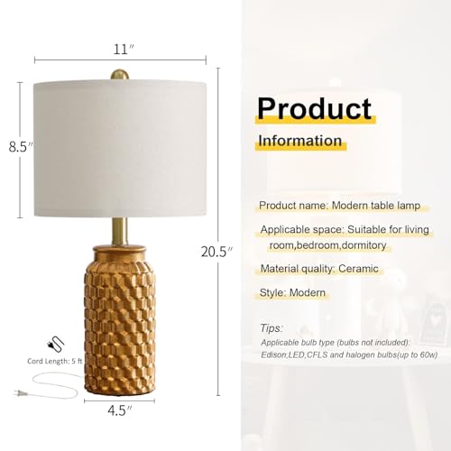20.5" Gold Modern Ceramic Bedside Lamp Set of 2 for Bedroom Decor Farmhouse Table Lamp for Living Room Office Dorm (2 Count)