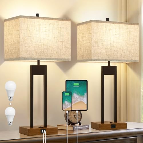 Extra Large 25.5'' Set of 2 Modern Bedroom Table Lamps with USB C+A Ports (2 Count)