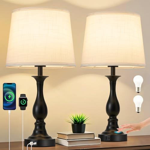 Bedside Table Lamp Touch Control Bedroom Lamps with USB A + C Charging Port 3 Way Dimmable Touch Lamps for Nightstand Living Room Bedroom Dorm Home Office Reading (2 Count)