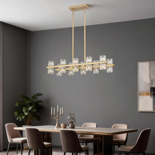 20 Light L32 Rectangle Gold Crystal Dining Room Light Fixture
